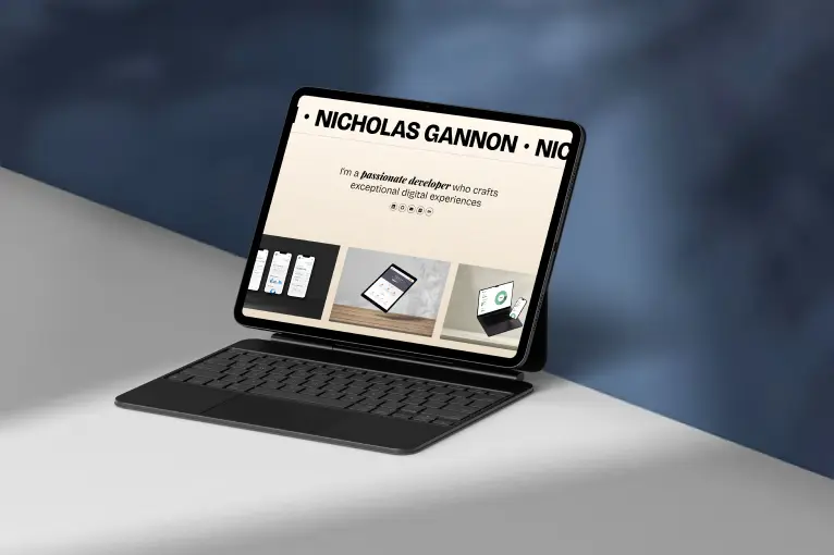 Tablet mockup showcasing Nicholas Gannon's portfolio website.