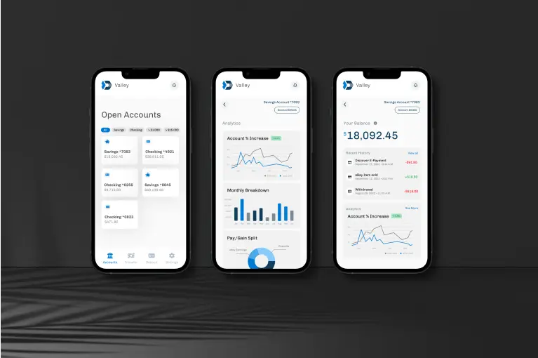 Mobile device mockup showcasing a redesign of the Valley Mobile Banking application.